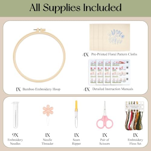 Dadanism Embroidery Kit for Beginners, 4 Pack Starter Embroidery Kits