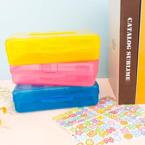 Blue Large Plastic Pencil Box 3 Pack with Aesthetic Design and Hard Case, Comes with Stickers in Pink and Clear Colors