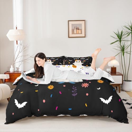 Erosebridal Spooky Ghost Duvet Cover Queen Size Cute Flower Bedding Set for Adults Teens Women Cartoon Bats Comforter Cover Kawaii Halloween Artwork Bedclothes Room Decor