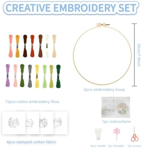 FREEBLOSS 4 Sets Embroidery Kit for Beginners Needlepoint Embroidery Starter Kit with Coffee and Book Stamped Patterns, Instructions, Colored Threads, 2 Hoops 20cm/7.9inch