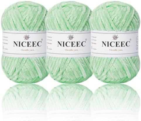NICEEC 3 Skeins Soft Chenille Yarn 3 x85m (3X 93yds, 3X 50g)_Light Green