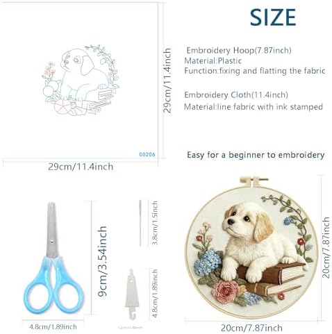 Zhenqing Dog on Books Embroidery Kit for Beginners, Pre-Printed 29x29cm Circular Cotton Fabric with 20cm Hoop, Cozy Pet and Hydrangea Floral Design for Home Decor (C0206)