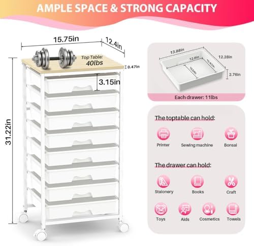 Goovilla Rolling Cart with 8 Drawers for Art, Dorm, Office, Craft, White