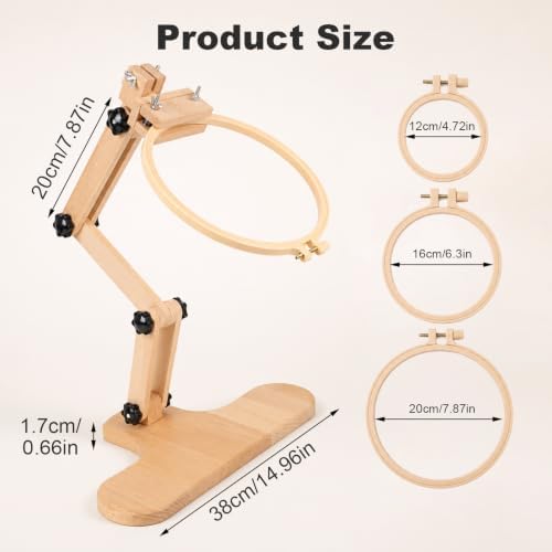 Adjustable Embroidery Table Stand,Wooden Embroidery Hoop Stand,Includes 3pcs Different Size Embroidery Hoops,1 Embroidery Tool Kit,Placed on the Desktop or Clamped onto the Desktop
