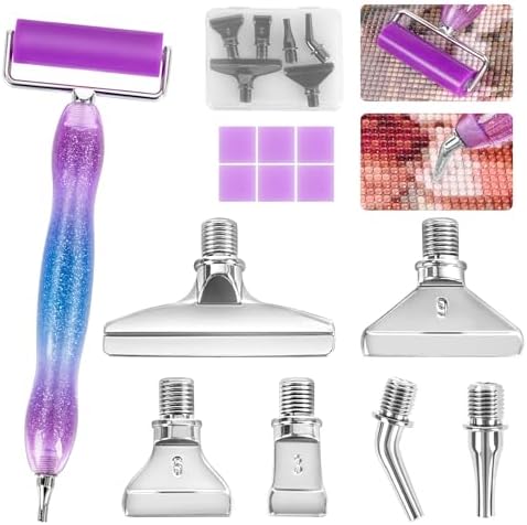 Ergonomic Diamond Painting Art Pen Accessories Kits with 6 Metal Tips, 6 Painting Glue Clay, Roller,Multi Placer Tips for DIY Crafts