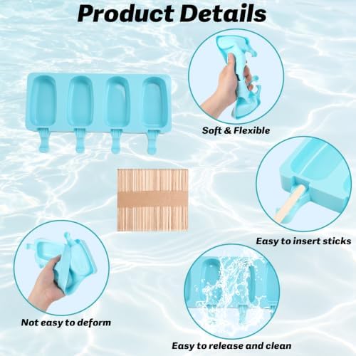 Popsicles Molds, 2Pcs Homemade Cake Pop Molds with Wooden Popsicles Sticks, Reusable Silicone Ice Pop Cream Cakesicle Maker Mold 4 Cavities for Home DIY Craft, Blue