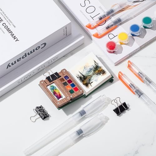 Qilery Mini Portable Watercolor Palette Set Wooden Grid Paint Box Watercolor Paper Sketch Book Brush Pens with Binder Clip for Painters Artist Not Include Paint(Pine Green)
