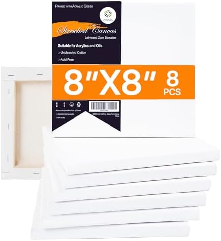 CONDA 8x8 inch Stretched Canvas for Painting, Pack of 8, 100% Cotton, 5/8 Inch Profile Value Bulk Pack for Acrylics, Oils Painting