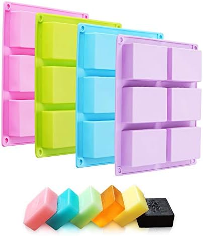 4 Pack Rectangle Silicone Soap Molds 6 Cavities Silicone Baking Mold | Blue/Pink/Green/Purple, DIY Handmade Soap, Muffin, Loaf, Brownie, Cornbread Baking Mold
