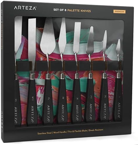 Arteza Palette Knives 8-Pack, Sizes No. 1, 25, 7, 15, 39, 23, 17, 21, Durable Stainless Steel Blade & Break-Resistant Wooden Handle, Art Supplies for Oil & Acrylic Painting