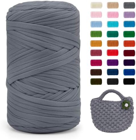 JeogYong T-Shirt Yarn, 400g/131 Yards Elastic Fabric Crochet Cloth T Shirt Yarn, Thick Hand Knitting Polyester Fabric Ribbon for Crocheting Bags/Baskets/Rugs, Home Decor, DIY Crafts (Light Gray)