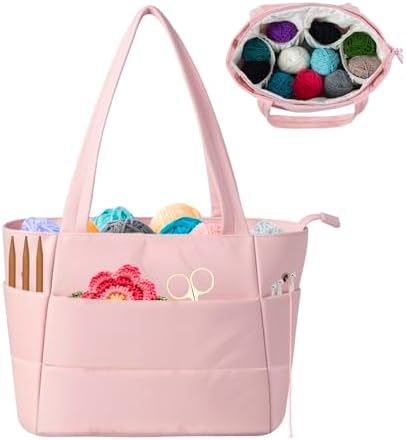 Crochet Bag for Yarn Storage, Puffer Knitting Bag with Soft Handles, Lightweight Yarn Storage Organizer with Zipper for Crochet Accessories, Gifts for Crocheters (Pink)