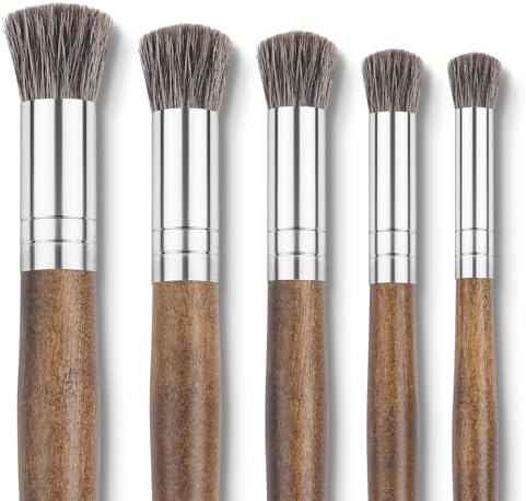 Professional Oil Paint Brushes, Fuumuui 5Pcs Natural Badger Bristle Blending Brush Set for Acrylic, Oil and Gouache - Round Flat Top Shape with Birch Handle