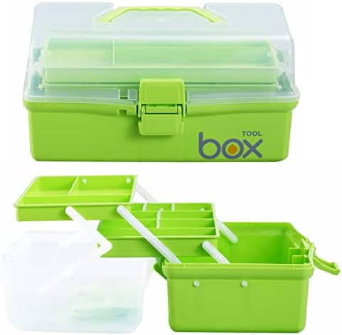 Kinsorcai 2PCS 12'' Three-Layer Clear Plastic Storage Box/Tool Box, Multipurpose Organizer and Portable Handled Storage Case for Art Craft and Cosmetic (Green)