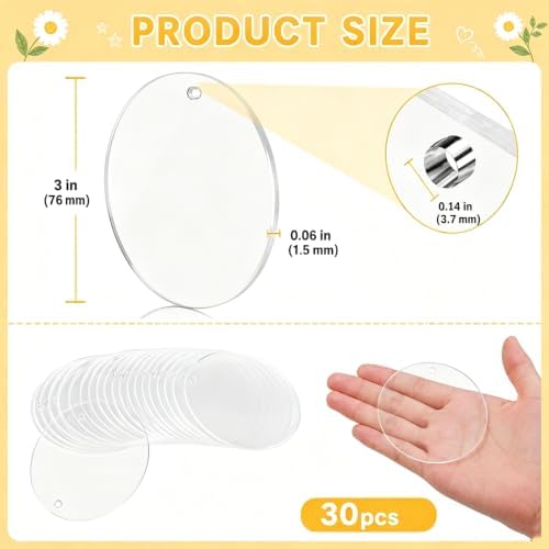 30 PCS 3 Inch Acrylic Keychain Blanks, Clear Round Discs with Hole