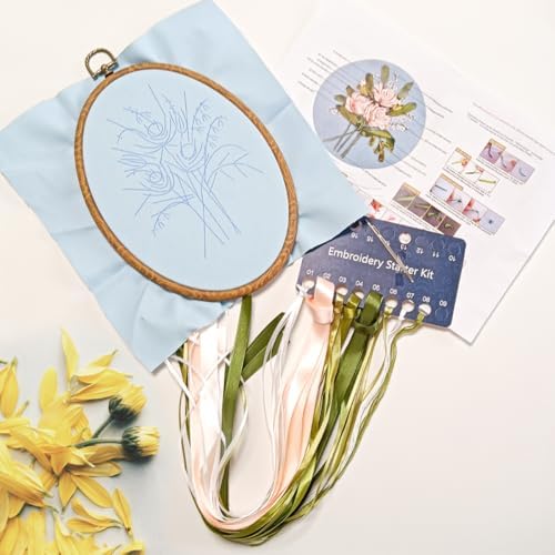 FONNUY Ribbon Embroidery 3D Flowers Pattern Design Kit Embroidery DIY Handwork Set Oval Home Decoration (Champagne Rose)