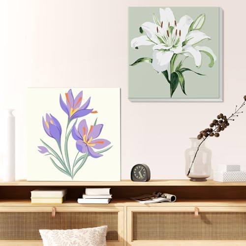 Flowers Paint by Number for Adults Beginners and Kids, 4 Pack DIY Adult Paint by Number Kits on Canvas Framed, Color by Numbers Acrylic Oil Painting Number Kits Crafts for Home Wall Decor 8x8inch