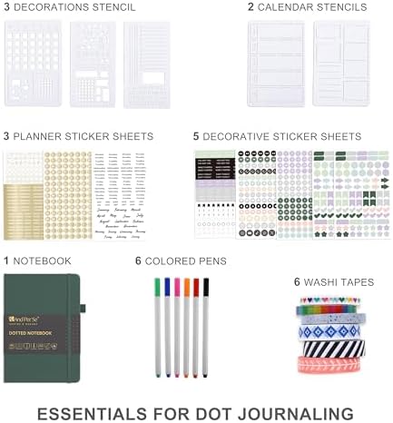 &And Per Se Dotted Journal Kit, A5 Hardcover Dot Grid Journal Notebook Set for Beginners with Journaling Supplies Stencils, Stickers, Washi Tapes & Colored Pens Accessories (Green)