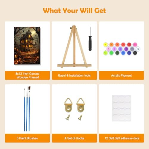 MOGTAA Halloween Paint by Numbers Kit for Adults Beginners with Frame, Pumpkin Castle Adult Paint by Number Kits on Canvas with Easel, Easy DIY Landscape Oil Painting Kits for Home Decor, 8x12in