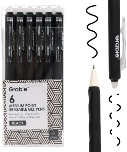 Grabie Erasable Gel Pens, 6 Black 0.7 mm Medium Point Pens | Heat-Sensitive Erasable Ink, Retractable Clip Design, Clean Erasing, Smooth Writing, Comfortable Grip, Quick Drying