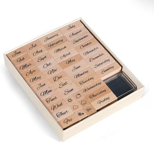 CraftyManor 44PCS Mini Wooden Stamp Set, Vintage Month Week Weather Rubber Stamps with Black Ink Pad for Crafting, Scrapbooking, Journaling, CardMaking
