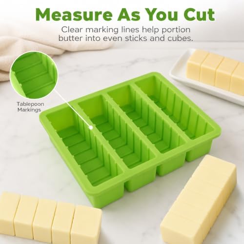 2Pcs Silicone Butter Mold with Lid, Non-Stick Silicone Butter Mold Tray with Scale Marking for Homemade Butter, Standard Size Mold for Soap Bar, Energy Bar, Cake, Chocolate (Green)