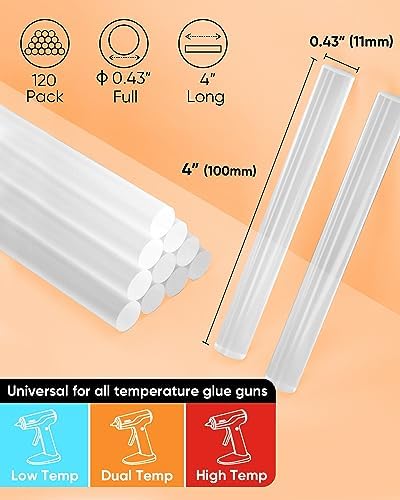 SHALL Full Size Hot Glue Sticks, 0.43” Dia x 4” Long, 120-pack Clear Hot Melt Glue Gun Sticks for All-Temp Glue Guns, Multipurpose for Kids Adults DIY Art Craft Sealing Repairing Festival Decoration