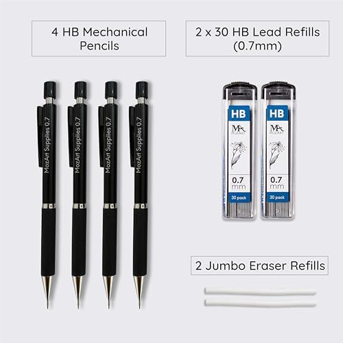 MozArt Mechanical Pencil 0.7mm Set 2x30 HB Lead & Eraser Pen Refills