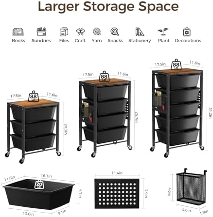 Rolling Cart with 5 Drawers, Plastic Drawer Storage Carts with Wheels & Wooden Tabletop, Metal Utility Cart with Pegboards, Office Living Room Classroom Craft Organization and Storage, Dark Black