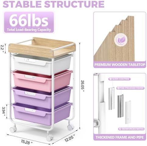 SYKIARIOL Rolling Craft Storage Cart with 4 Drawers,Kids Art Cart,Purple
