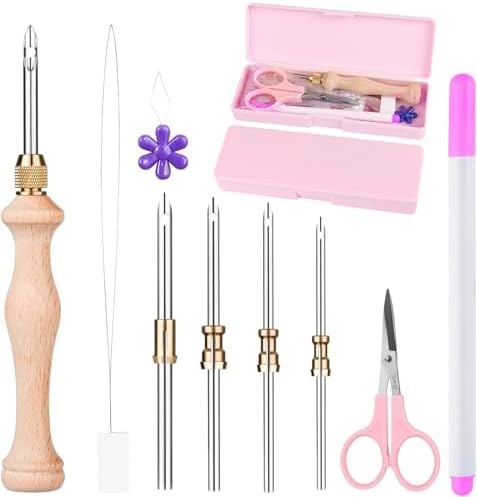 Cheloment 2 Sets of Punch Needle Kit with Storage Box,Adjustable Punch Needle Tool with 5 Different Metal Needles,Embroidery Punch Needle Set Adults Beginner for DIY Craft,Perfect for Gifts（Pink）