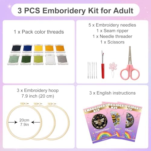 Huacan Embroidery Kit for Adults Beginners with 3 Hoops & Gift Box