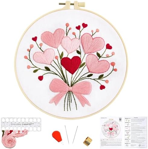 Heart Flower Embroidery Kits for Beginners Adults, Pink Embroidery Starter Kits, Counted Cross Stitch Kits for Adults Anniversary Valentine's Day Gift, Embroidery Hoops, Fabric Thread & Video Tutorial
