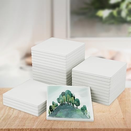 50 Pieces 4 Inch Blank Ceramic Coasters, Unglazed Ceramic Tiles Coasters, Ceramic Tiles with Cork Backing Pads for Painting, DIY Crafts, Mosaics, Square, White.by GNIEMCKIN.