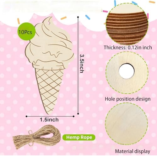 Wooden Ice Cream Decorations, 10pcs Blank Wood Ornaments, 3.5X1.5 in Used for Painting and Decoration DIY Technology, Hanging skrnrhrery