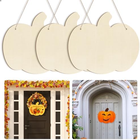 Large Size 12" Wooden Pumpkins Ornaments to Paint, Halloween Thanksgiving DIY Blank Unfinished Wreaths Front Door Sign Decorations Pumpkin Ornament Door Hanging Sign Plaque Autumn Harvest Crafts 3PCS
