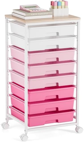 TOOLF Rolling Storage Cart with 8 Drawers,Rose Pink | Utility Cart on Wheels with Wooden Tabletop,Teacher Organization for Classroom, Art Cart for Office,Bedroom,Craft Room