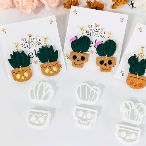 Xaekicr Halloween Cactus Polymer Clay Cutters – 6Pcs Skull Plant Clay Earring Cutters for DIY Halloween Jewelry – Cute Clay Tools for Polymer Clay Crafts