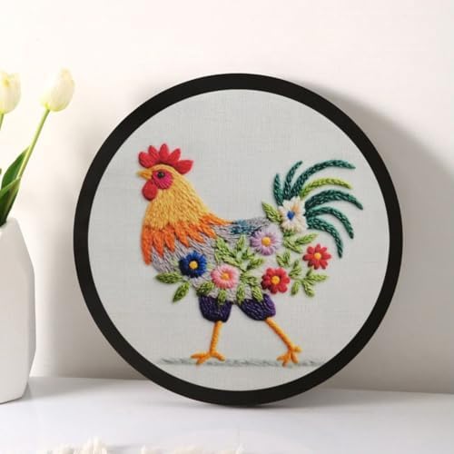 Esffaci Embroidery Starter Kit for Adult Beginner with Funny Rooster Flowers Pattern Hand Embroidery Set with Cloth Hoop Needle Threader Floss and Instruction
