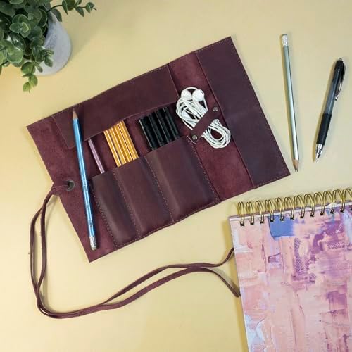 Hide & Drink, Rustic Pencil Roll Pouch, Multi-Purpose Storage Wrap for Scissors, Earphones, Organizer for Craft, Full Grain Leather, Handmade, Sangria