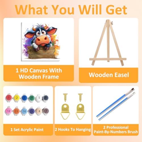 Cow Paint by Numbers Kit for Kids, 8x8 inch