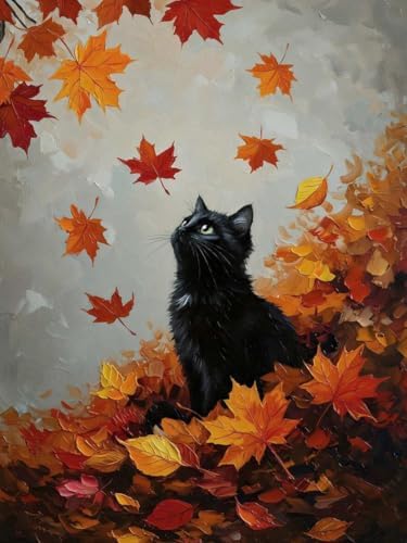 MIRCVSH Autumn Diamond Painting Kits for Adult Beginners,Black Cat and Fallen Leaves Diamond Art Kits for Adults,DIY Full Round Drill Gem Art Painting Crafts Kit for Home Wall Decor 12X16 Inch.