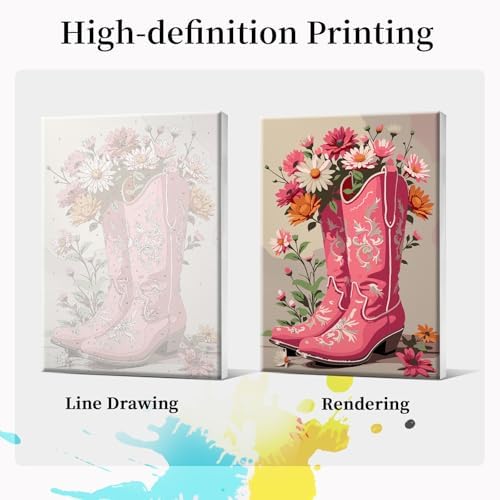 JOOZ Framed Paint by Numbers Kit for Adults, Pink Cowboy Boots Paint by Number with Easel, DIY Flowers Oil Painting by Numbers, Adult Paint by Number Kits Framed Canvas for Home Wall Decor 8x12 Inch