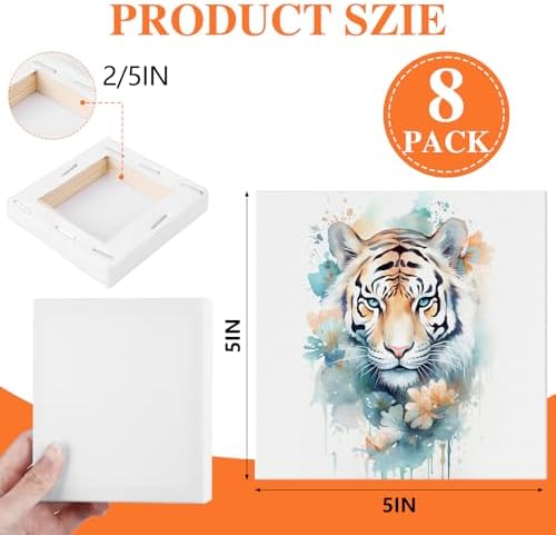 ESRICH 8 Pack Mini Canvases for Painting 5x5In, 2/5''Profile Small Square Canvases, Primed Cotton Small Stretched Canvas for Kids' Painting Supplies Such as Painting Parties,School&Home Decor Projects