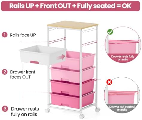6 Drawer Rolling Storage Cart with Wooden Top and Wheels for Crafts, Pink