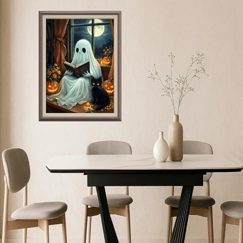 TYPUSOK Halloween Ghost Diamond Art Kits for Adults,Round Full Drill 5D Diamond Painting Kits for Beginners,Black Cat DIY Diamond Dots Pictures Gem Art Kit,Home Wall Decor 12x16in