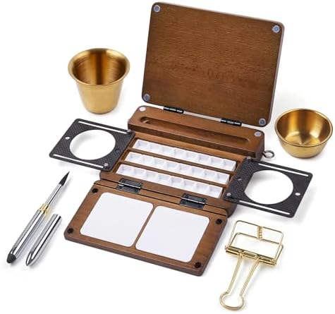 24-Grid Empty Travel Watercolor Palette Box, Fuumuui All-in-One Walnut Wood Palette Tray Kit, Mini Portable Sketchbox for Plein Air Painting with Three Ends Travel Brush and Watercolor Cup