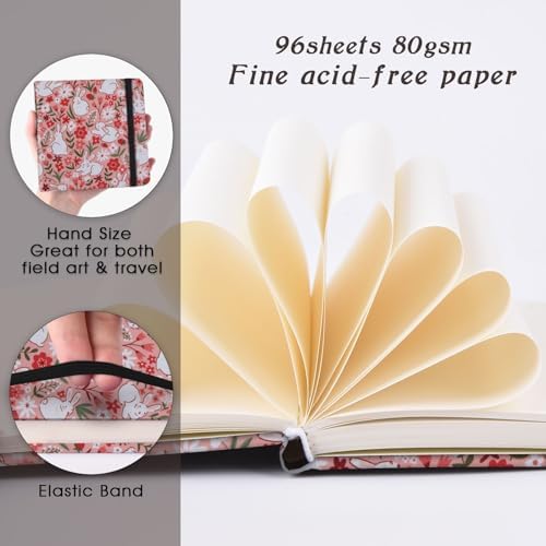 Handy Size 5 x 5 inches Sketch Book, 80GSM Acid Free Artistic Drawing Painting Writing Paper, Hardcover Cloth Cover Art Sketchbook,Journal Notebook.Pink Flower Rabbit
