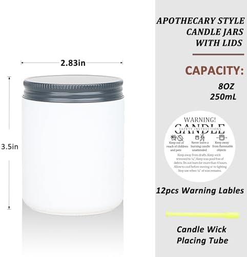MILIVIXAY 12 Pack 8 OZ Thick Glass Frosted White Candle Jars with All Black Metal Lids-Bulk Empty Candle Jars for Making Candles-Canning Jar for Spice, Liquid, Sample- Dishwasher Safe.