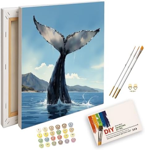 ENTORLAB Ocean Whale Dive Paint by Numbers Kit for Adults - DIY Whale Tail Above Sea Painting on Canvas 8X12IN Framed, Acrylic Paint Set, Suitable for Beginners, Art for Home Decoration or Gifts